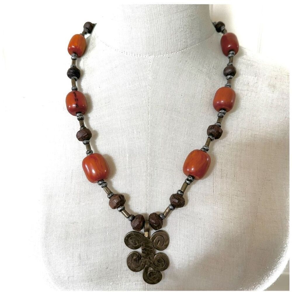 Vintage  beaded Tribal brass pendant Necklace